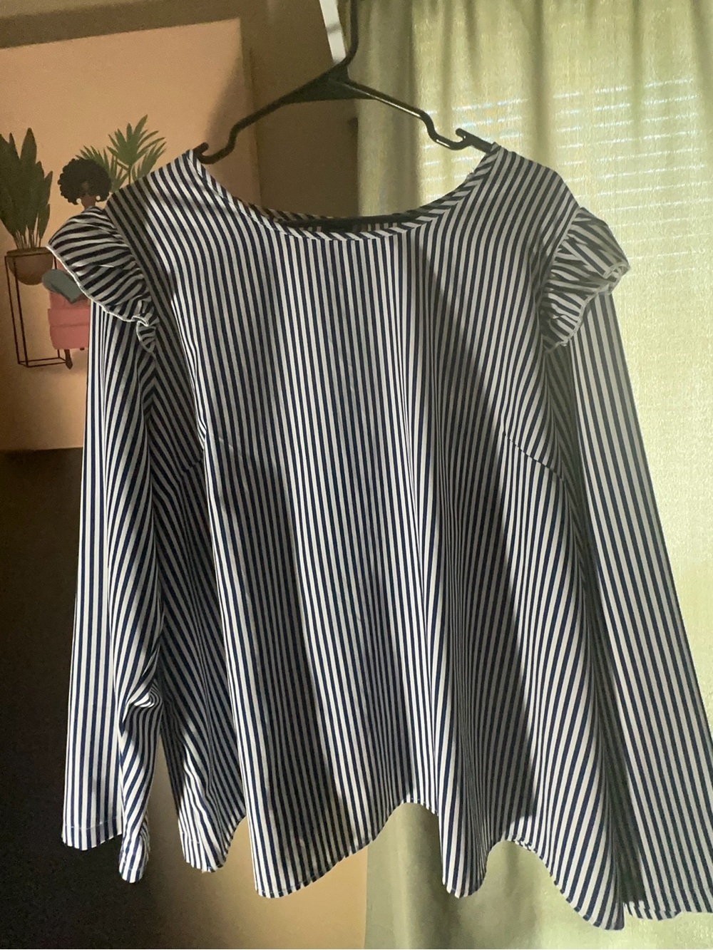 Striped Blue and White Ruffle Shoulder Women's Top